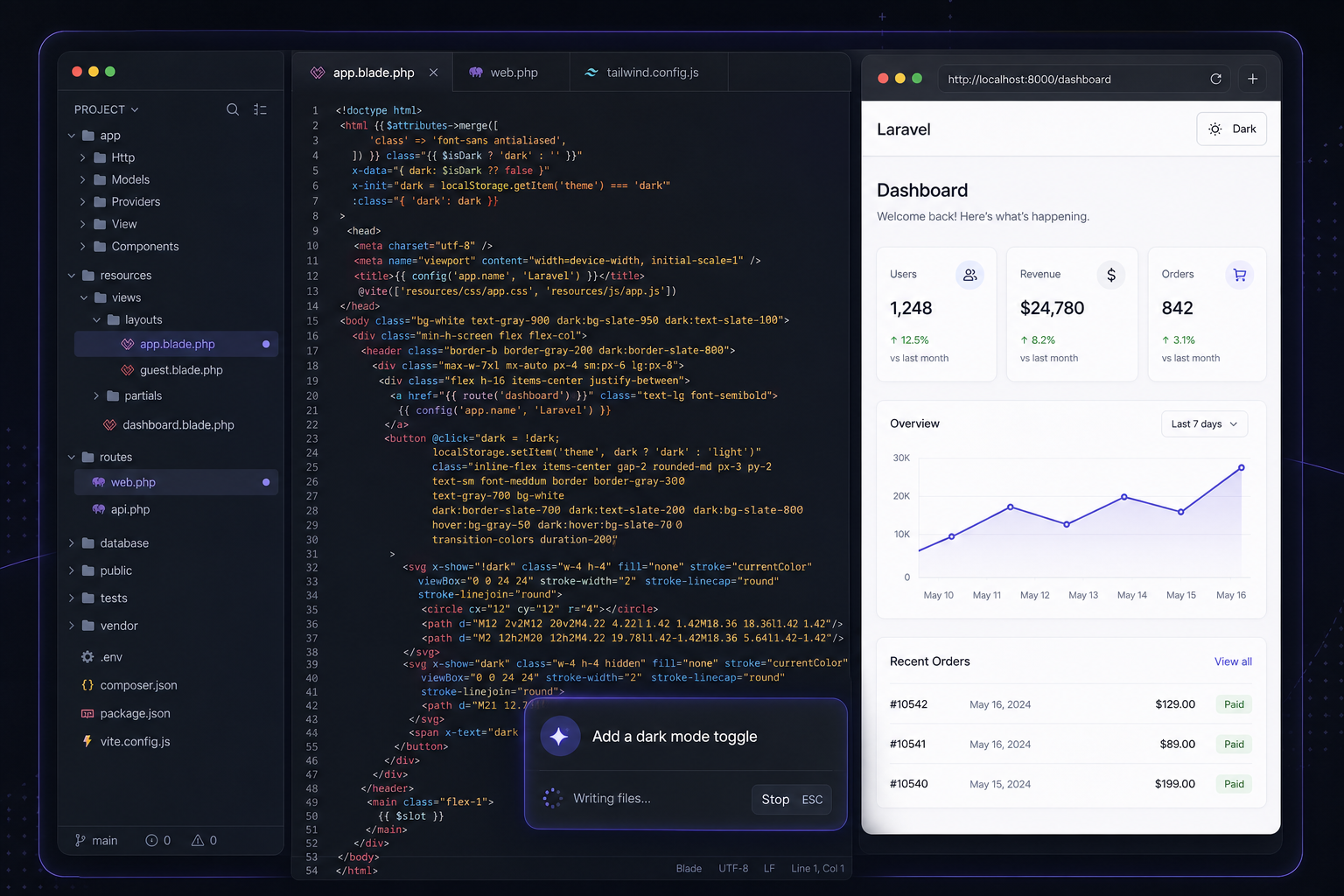 The AI workspace — file tree, code editor, live preview, and an AI writing the changes