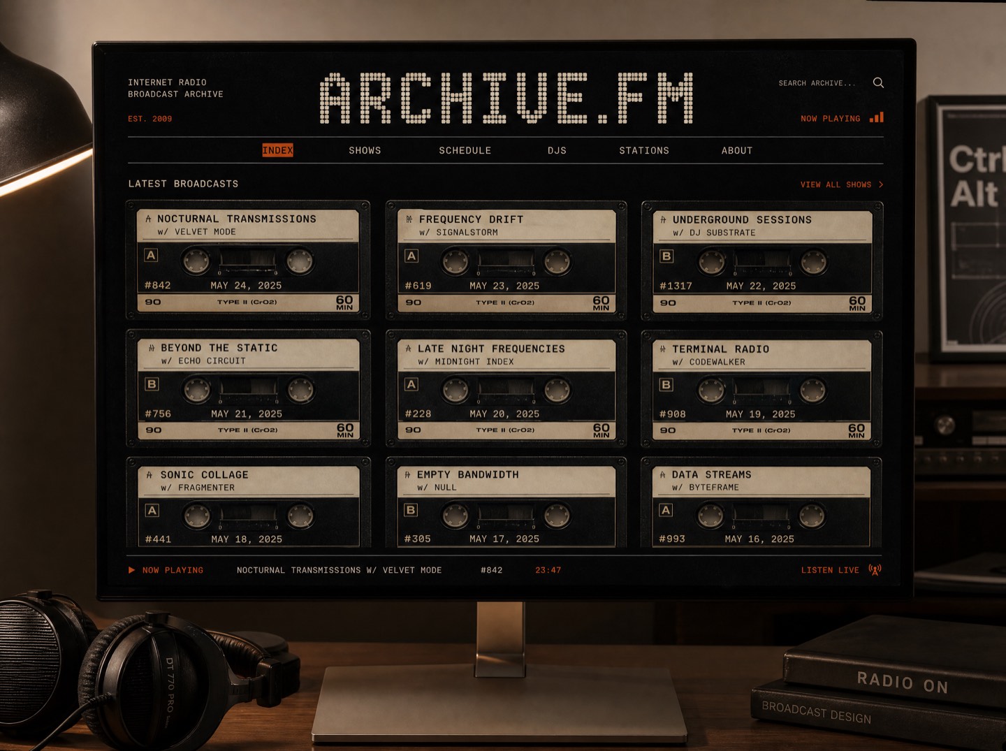 Archive.fm — a broadcast index page with cassette-label typography and a wall of show cards