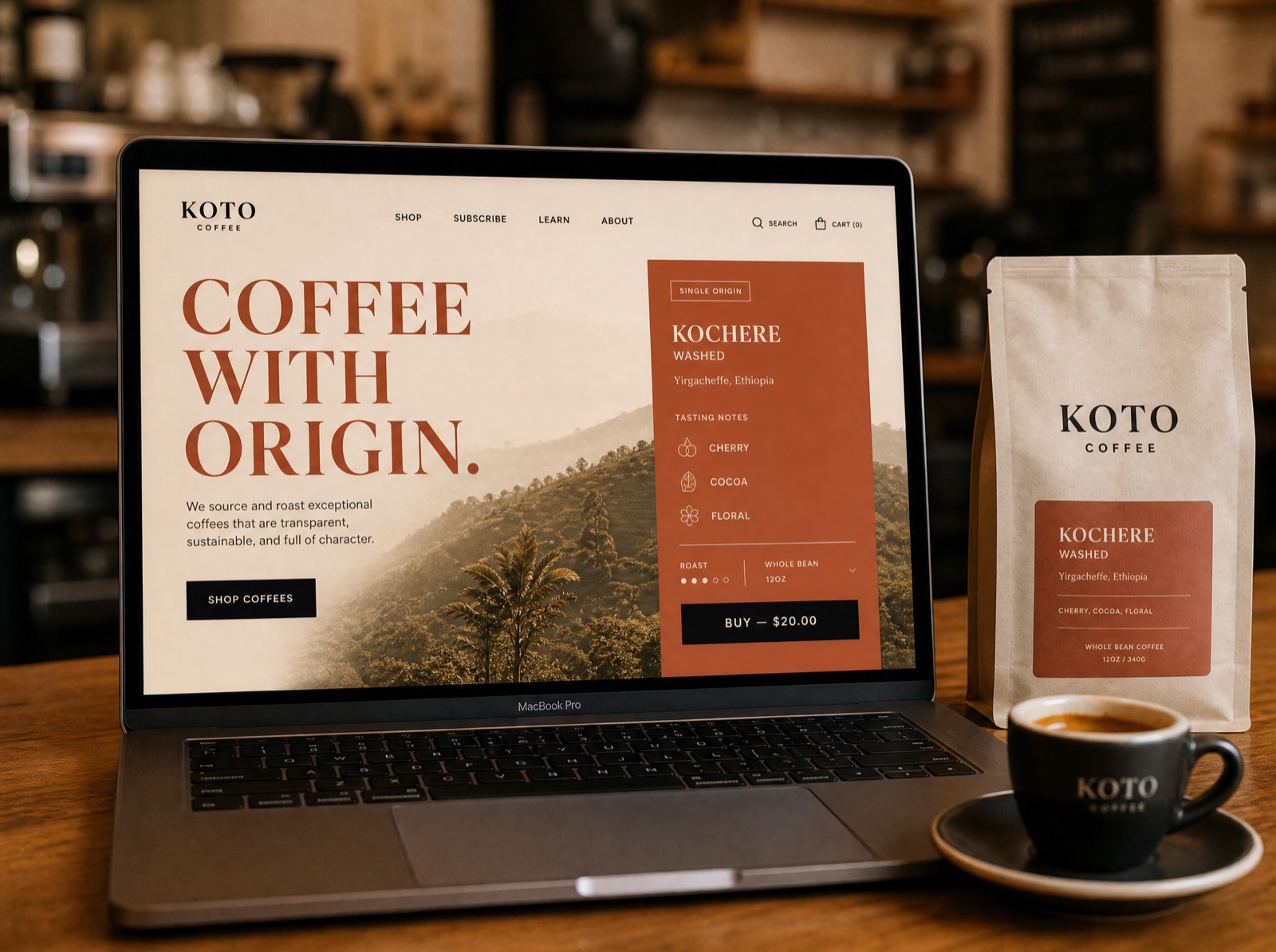 The Koto Coffee shop — a coffee lot page with tasting notes and a bold buy module
