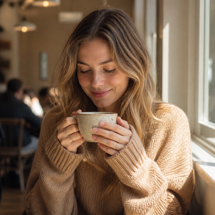 A guest holding a ceramic cup by the window