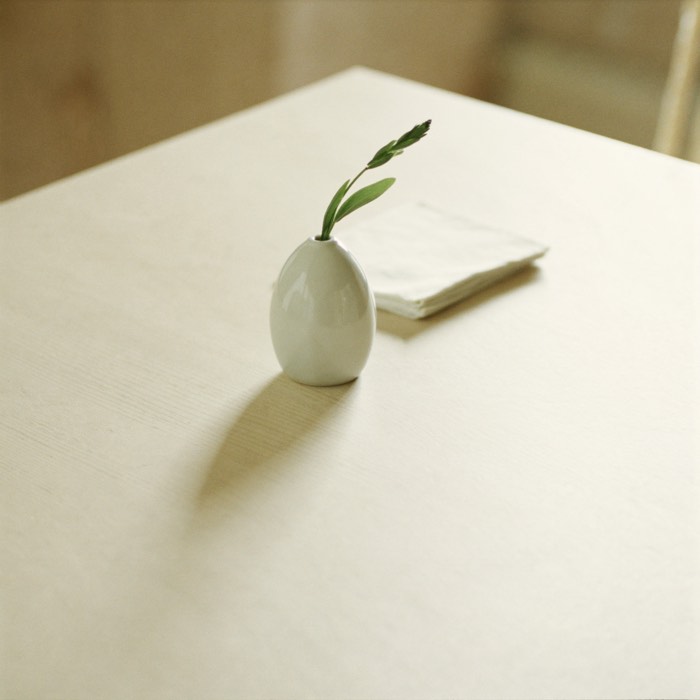 A bud vase and folded napkin on an oak table